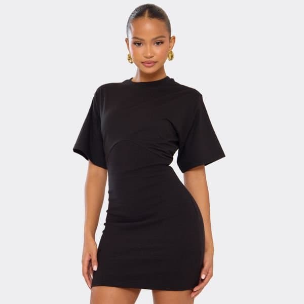 EGO Short Sleeve Cinched Waist Underbust Seam Detail T-Shirt Dress In Black, Women's Size UK 4