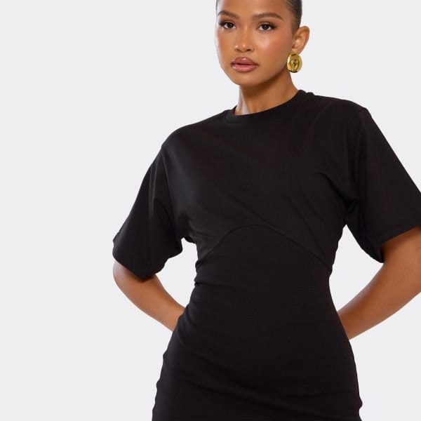 EGO Short Sleeve Cinched Waist Underbust Seam Detail T-Shirt Dress In Black, Women's Size UK 4 - 2
