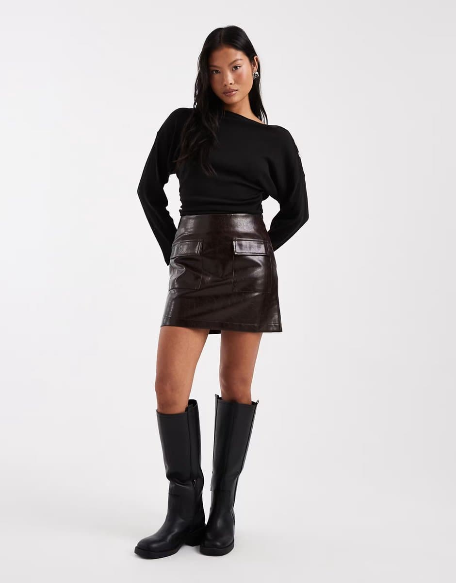 ASOS New Look Petite cracked faux leather mini skirt in brown