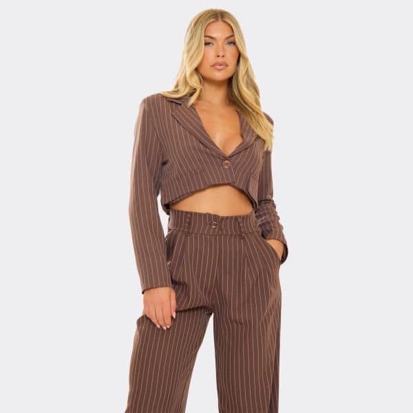 EGO Long Sleeve Cropped Blazer In Brown Pinstripe, Women's Size UK Large L