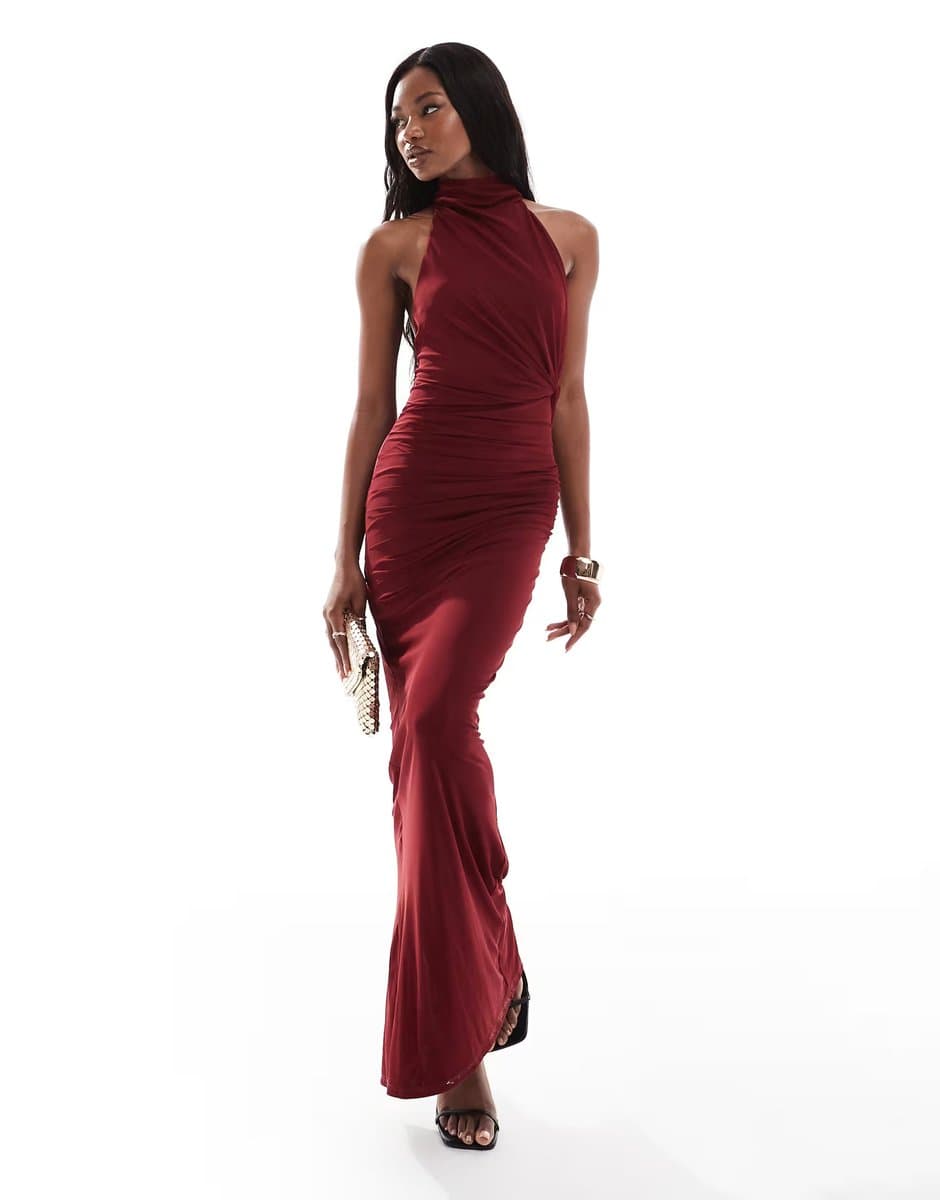 ASOS ASOS DESIGN mesh twist bust detail halter maxi dress with tie back neck in wine