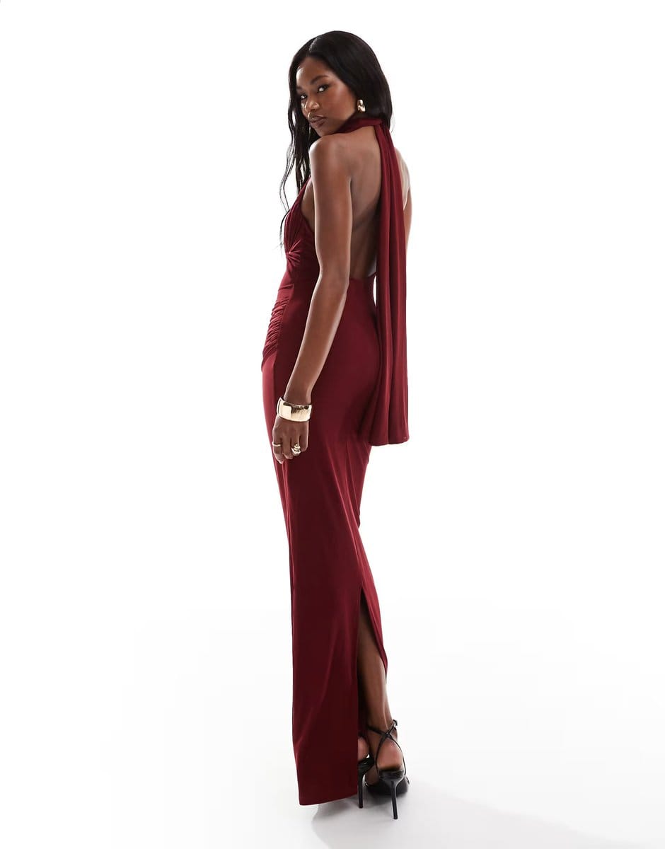 ASOS ASOS DESIGN mesh twist bust detail halter maxi dress with tie back neck in wine - 4