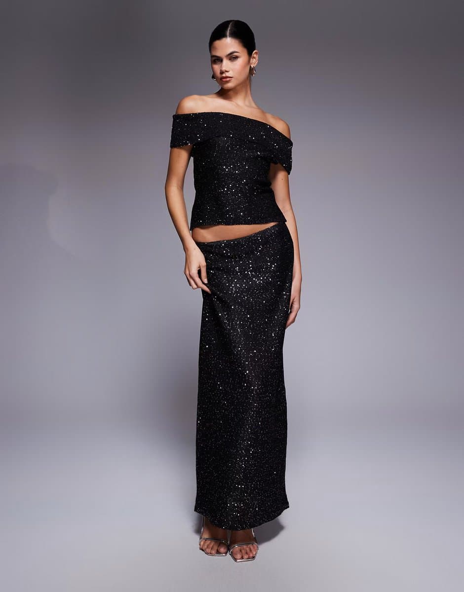 ASOS Kaiia exclusive off shoulder sequin knit top and maxi skirt co-ord in black