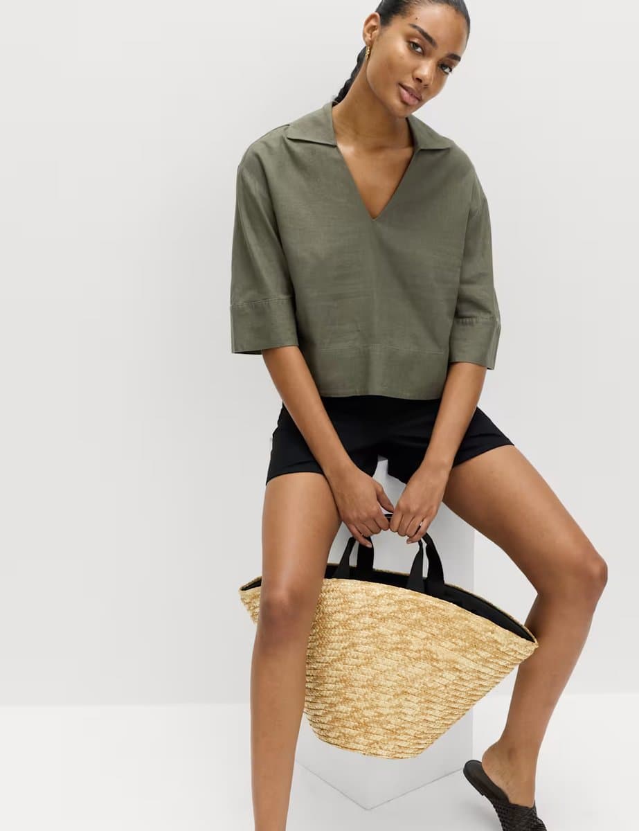 Marks & Spencer M&S Elegant Linen Crop Top in Dark Khaki