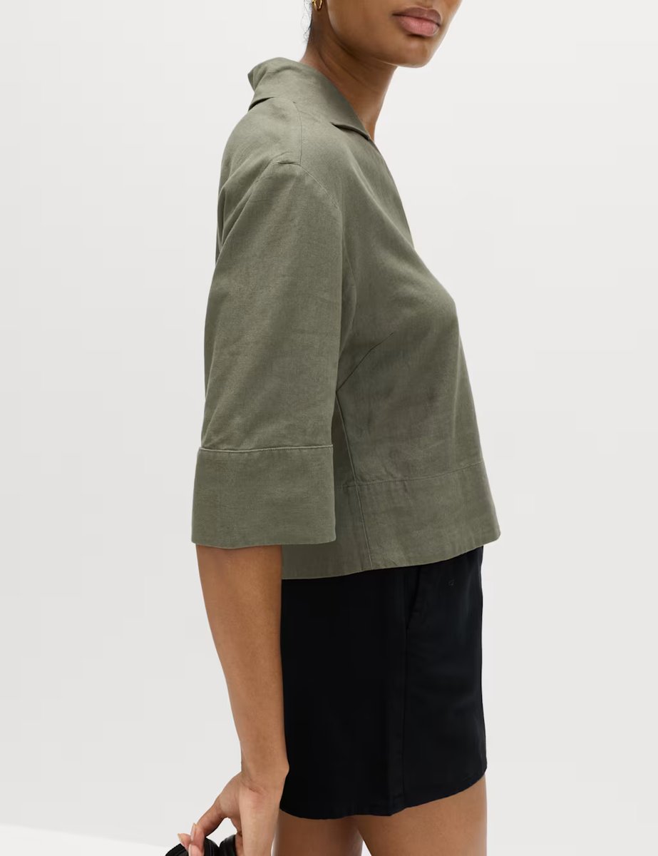 Marks & Spencer M&S Linen Rich Collared Popover Crop Top Dark Khaki - 2