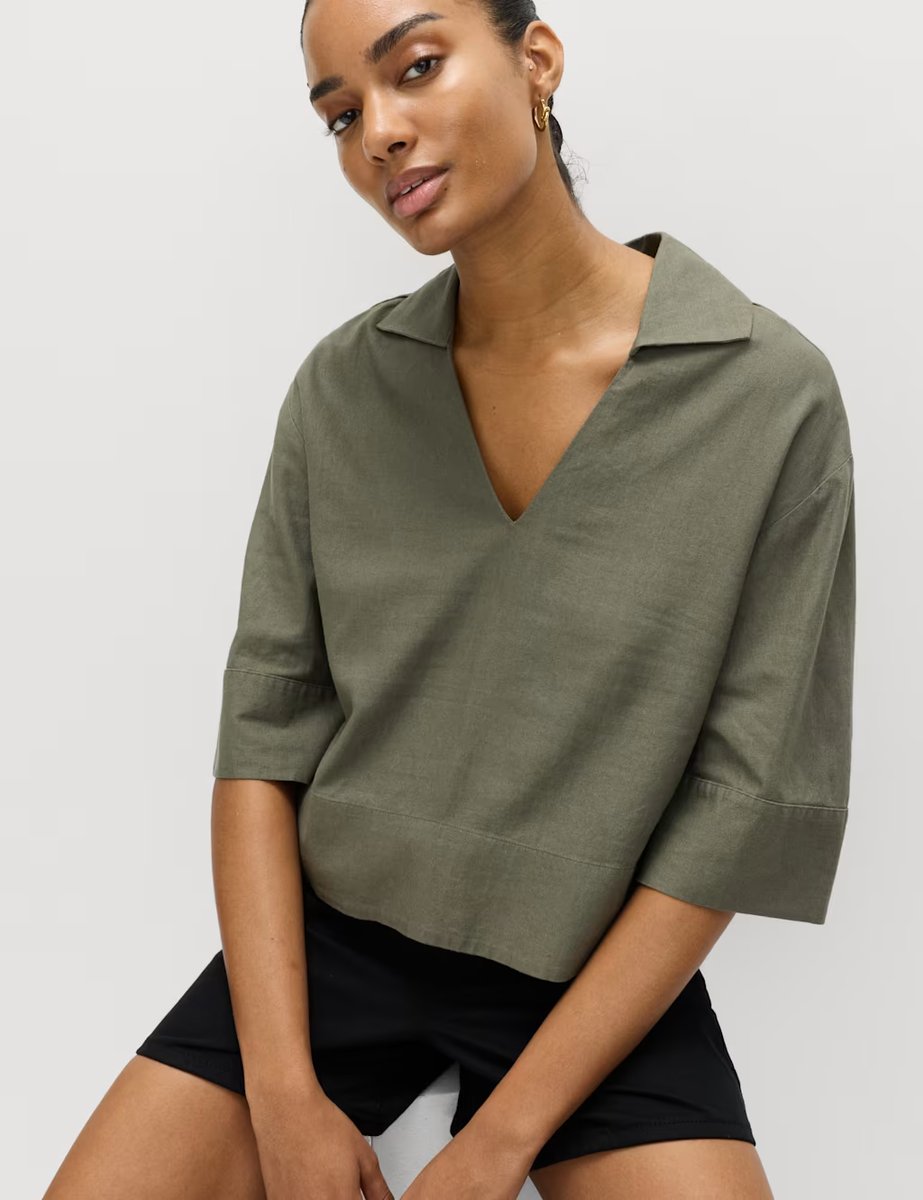 Marks & Spencer M&S Linen Rich Collared Popover Crop Top Dark Khaki - 4