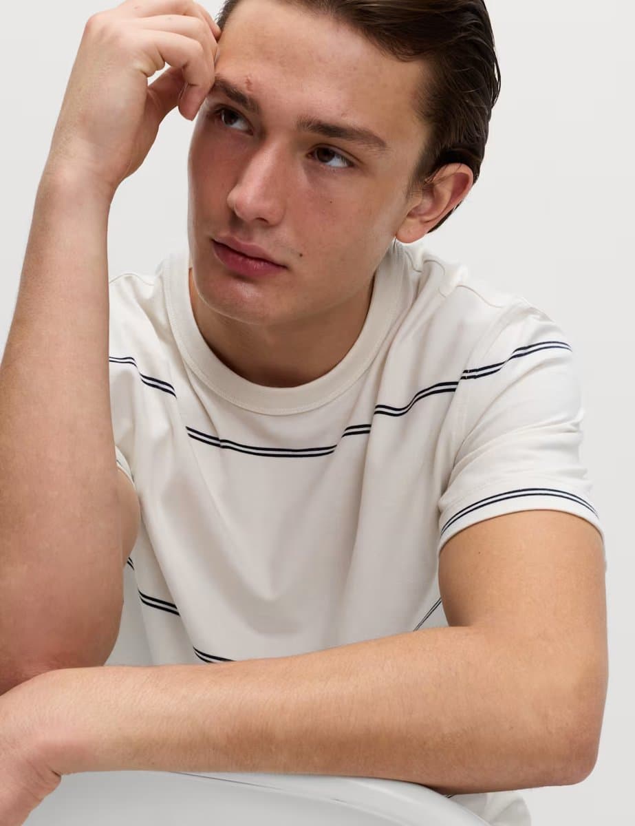 Marks & Spencer M&S Pure Cotton Striped Relaxed Crew Neck T-Shirt in Ecru