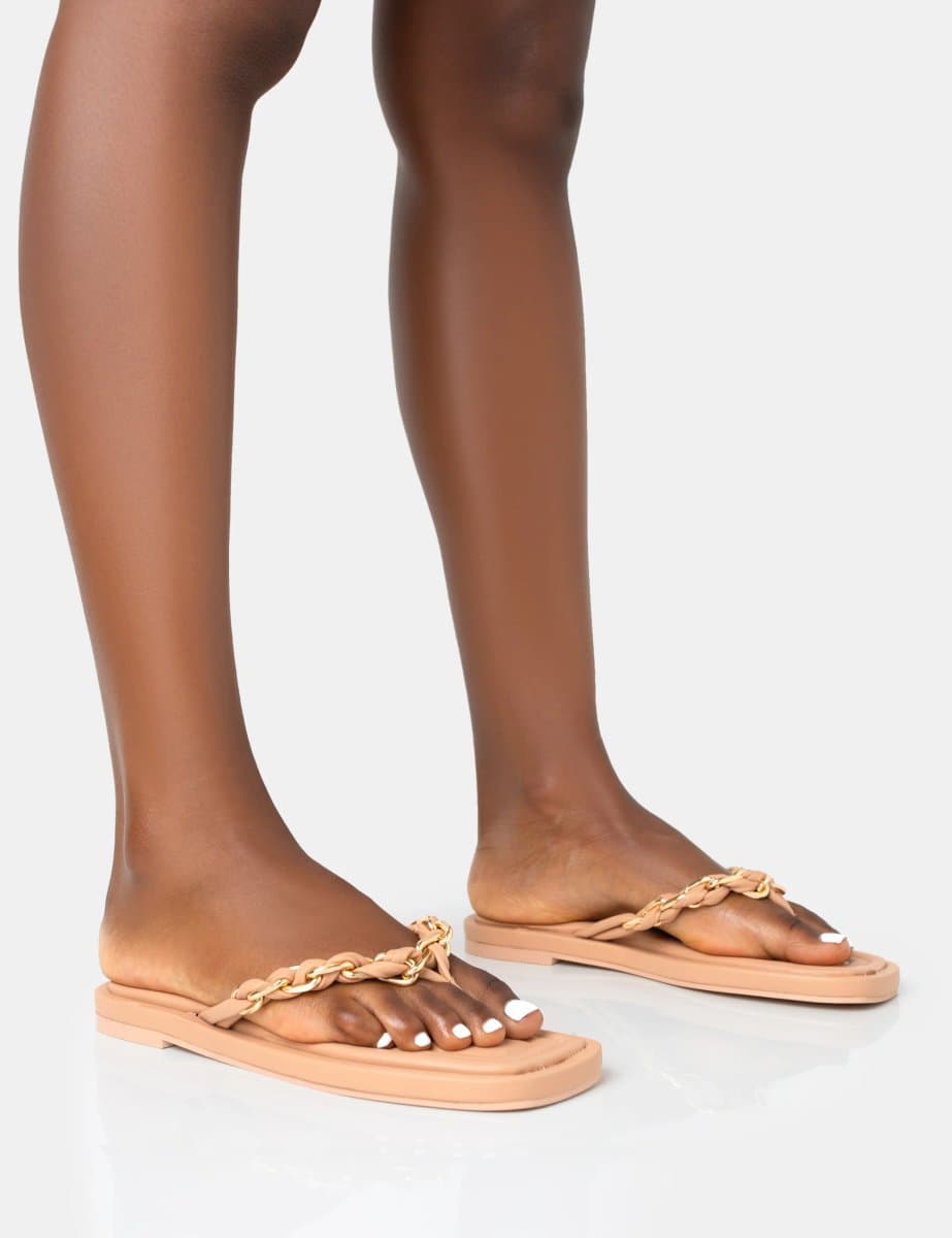 Public Desire Retreat Nude PU Chain Strap Flip Flop Sandals