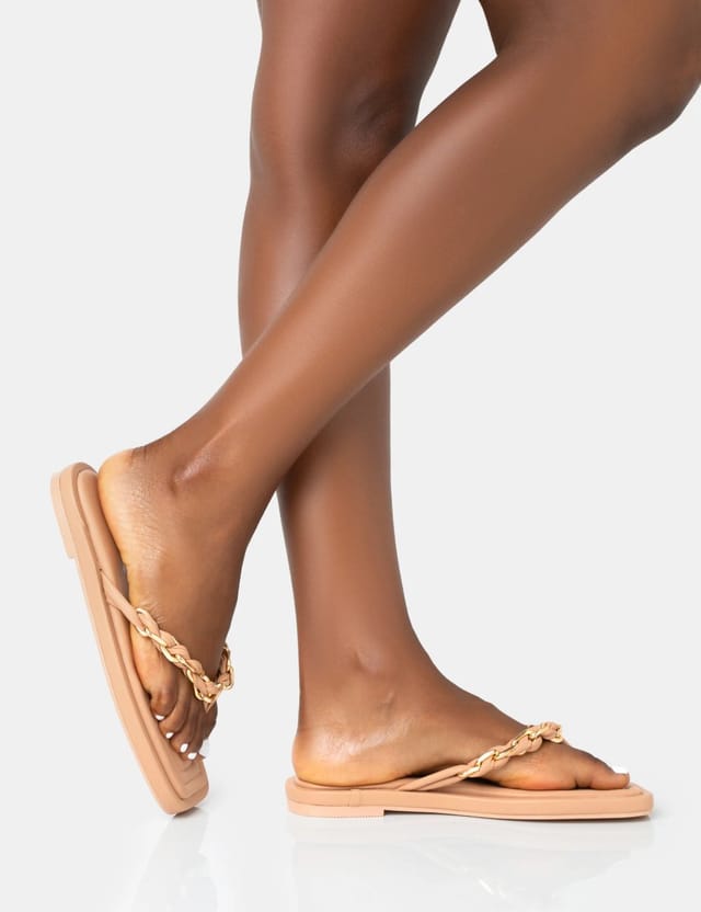 Public Desire Retreat Nude PU Chain Strap Flip Flop Sandals - 2