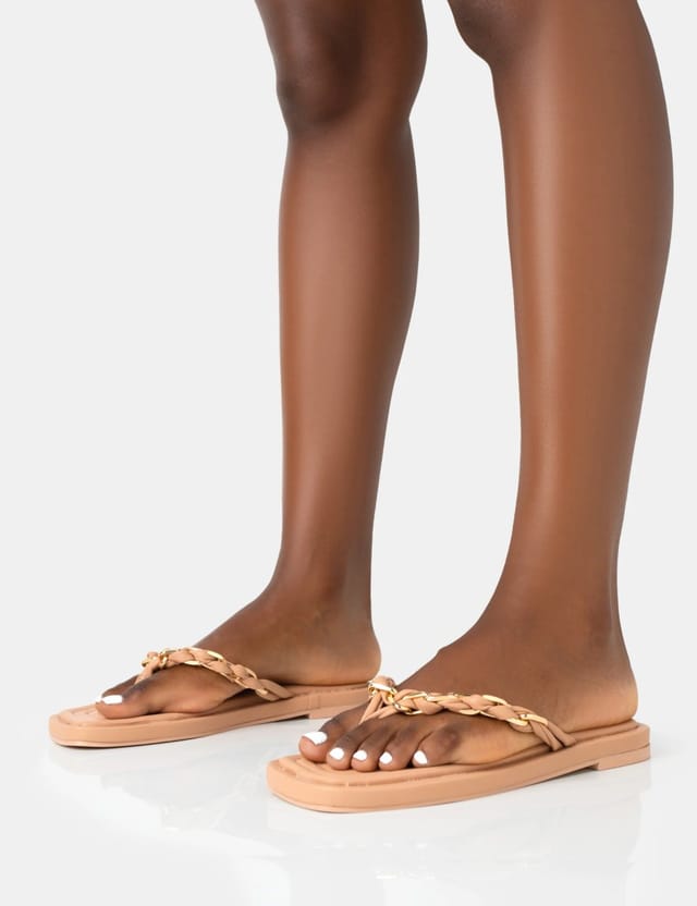 Public Desire Retreat Nude PU Chain Strap Flip Flop Sandals - 3