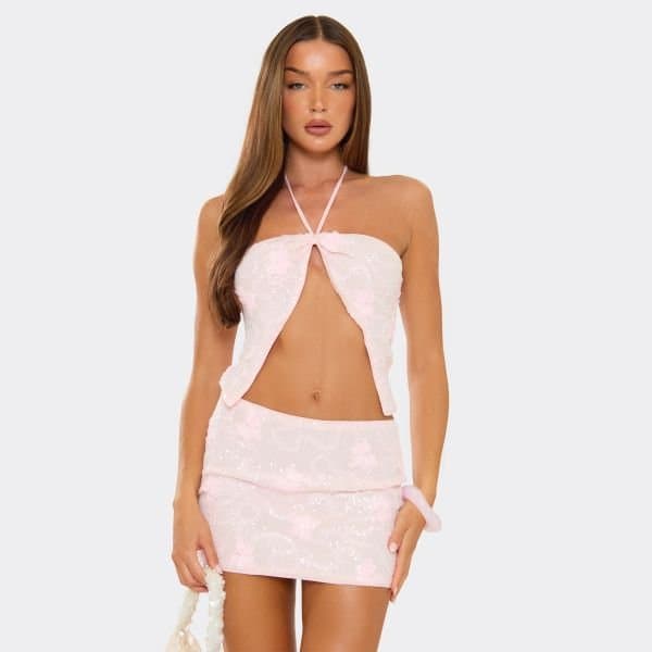 EGO Halterneck Split Hem Front Detail Top In Pink Sequin, Women's Size UK 10