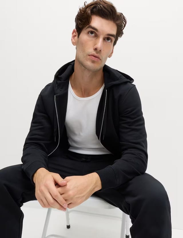 Marks & Spencer M&S Cotton Rich Zip Through Hoodie Black - 3