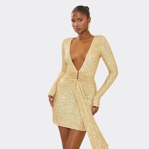 EGO Long Sleeve Plunge Front Draped Detail Mini Dress In Gold Sequin, Women's Size UK 6 - 2