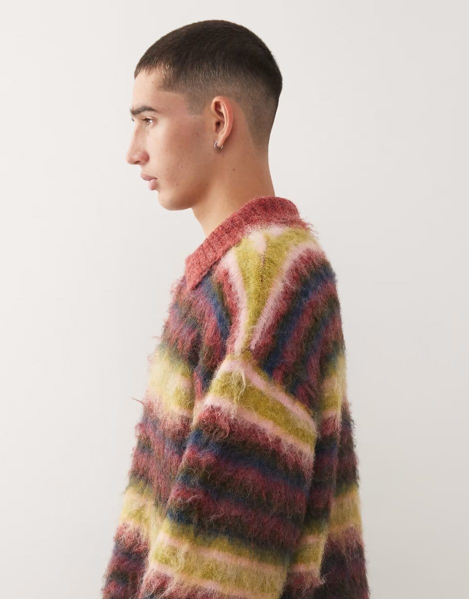 ASOS Reclaimed Vintage knitted collared cardigan in multi stripe - 4