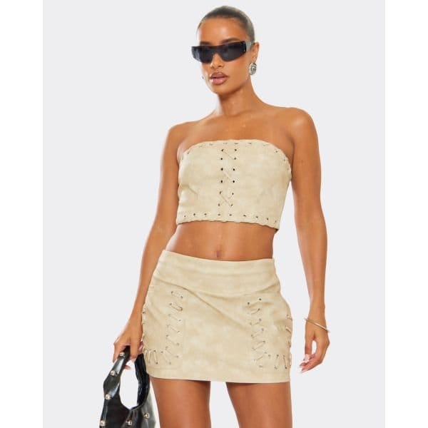 EGO Bandeau Lace Up Detail Crop Top In Stone Faux Leather, Women's Size UK 6 - 2