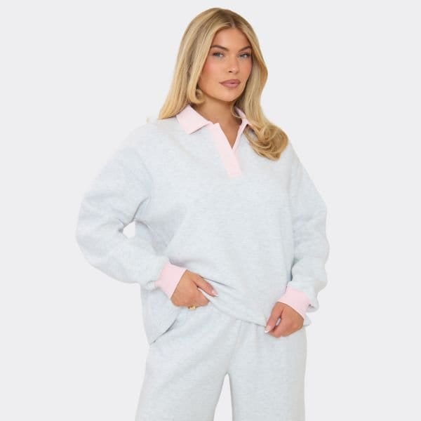 EGO Button Up Contrast Detail Polo Sweatshirt In Light Grey Marl, Women's Size UK 6 - 1