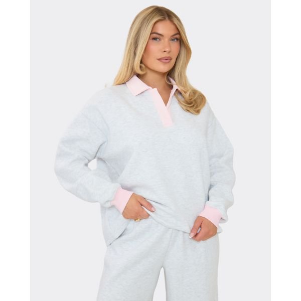 EGO Button Up Contrast Detail Polo Sweatshirt In Light Grey Marl, Women's Size UK 6 - 2