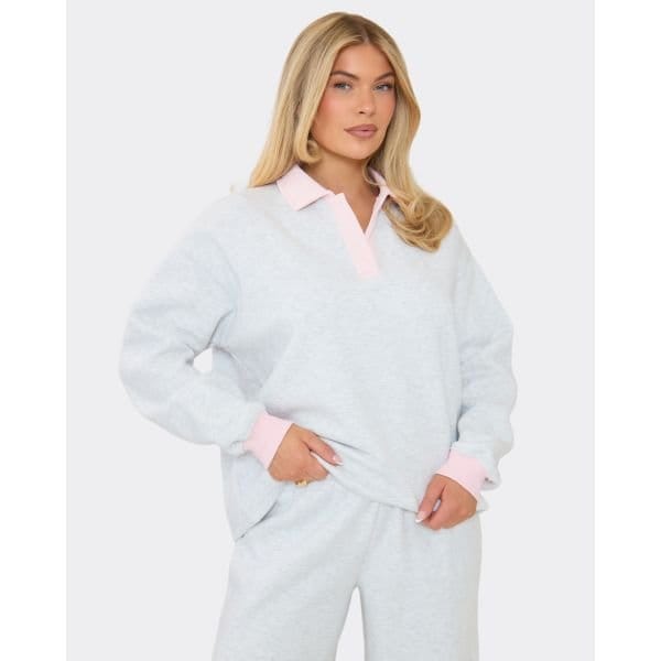 EGO Button Up Contrast Detail Polo Sweatshirt In Light Grey Marl, Women's Size UK 6 - 2