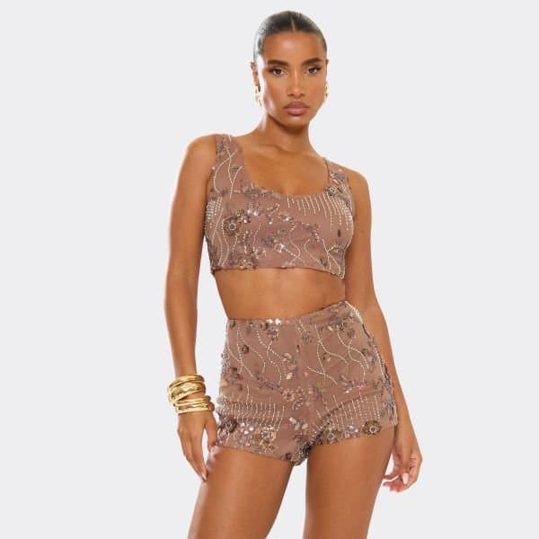 EGO Scoop Neck Embellished Sequin Vest Top In Brown, Women's Size UK 6