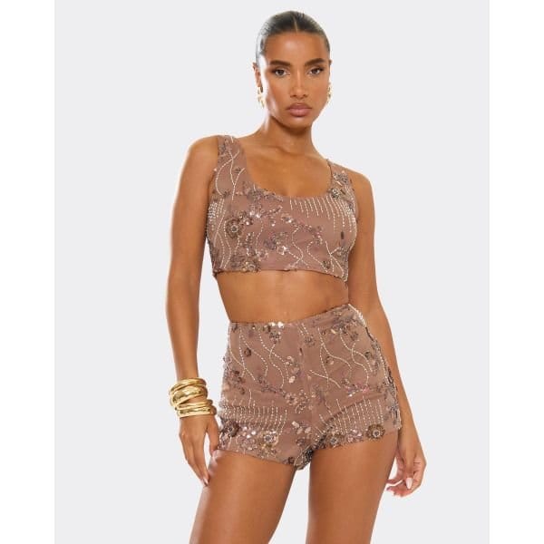 EGO Scoop Neck Embellished Sequin Vest Top In Brown, Women's Size UK 6 - 2