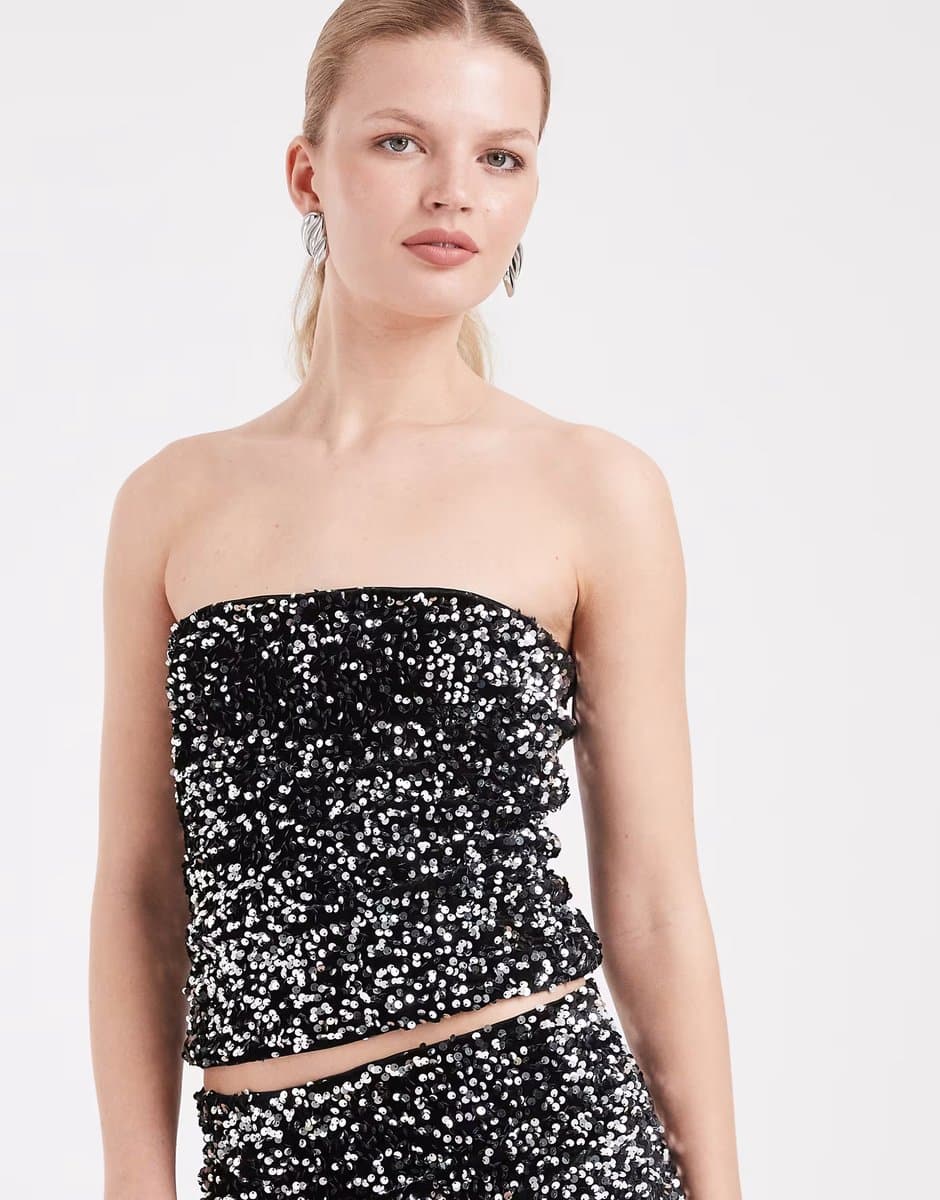 ASOS Vero Moda textured sequin bandeau top co-ord in black and silver