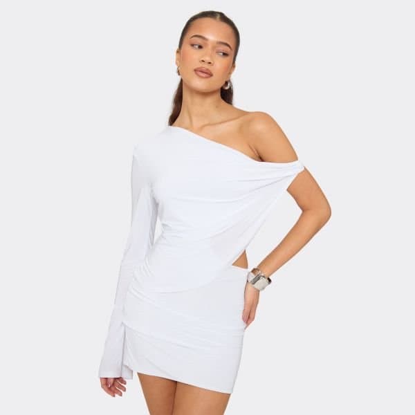 EGO Long Sleeve One Shoulder Mini Dress In White, Women's Size UK 6