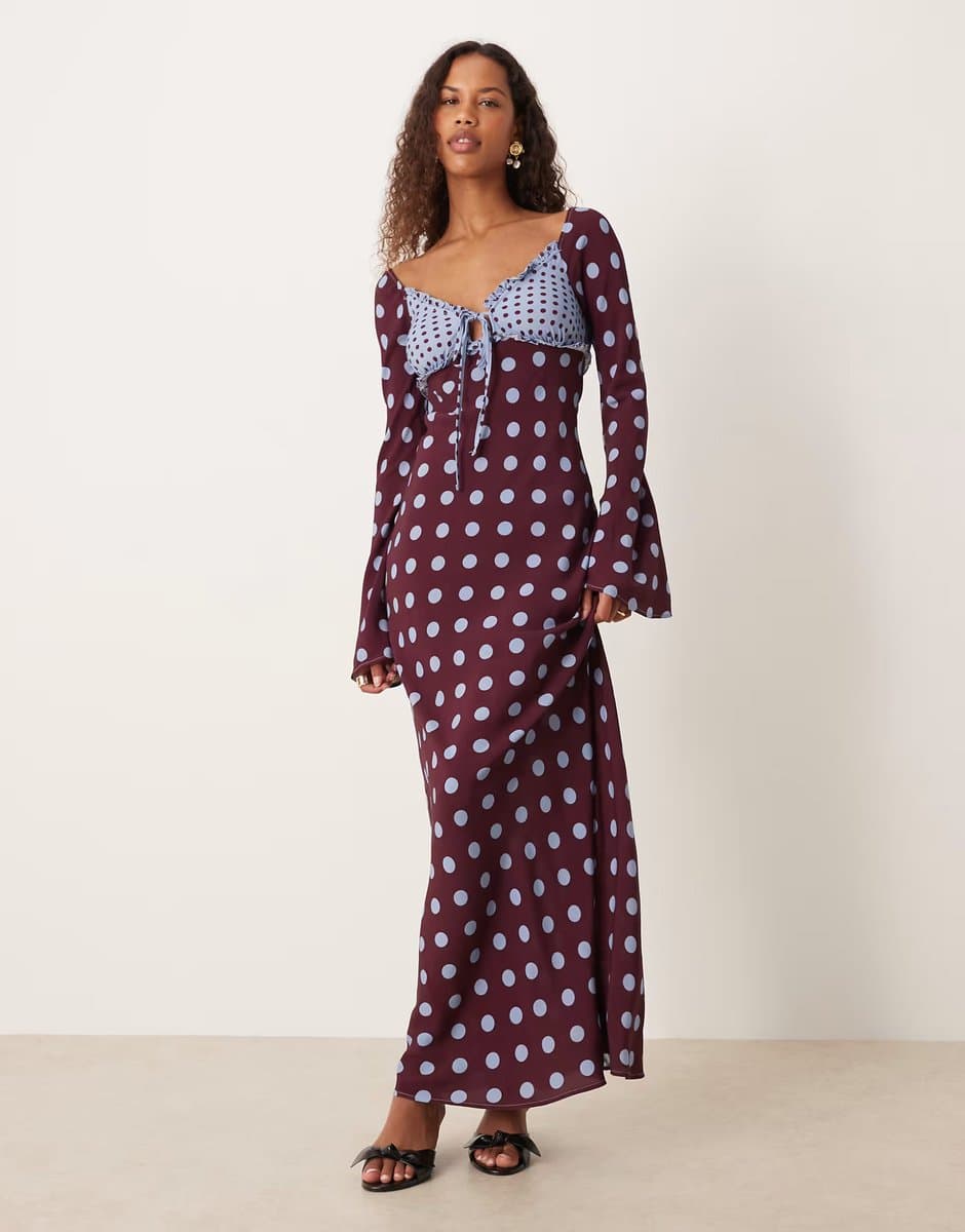 ASOS ASOS DESIGN long sleeve frill detail maxi dress in burgundy spot
