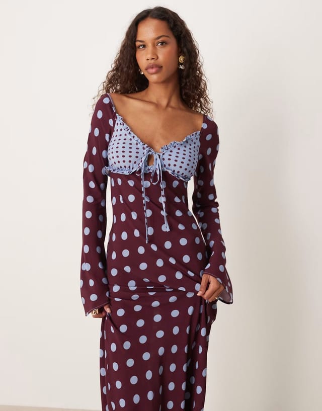 ASOS ASOS DESIGN long sleeve frill detail maxi dress in burgundy spot - 3