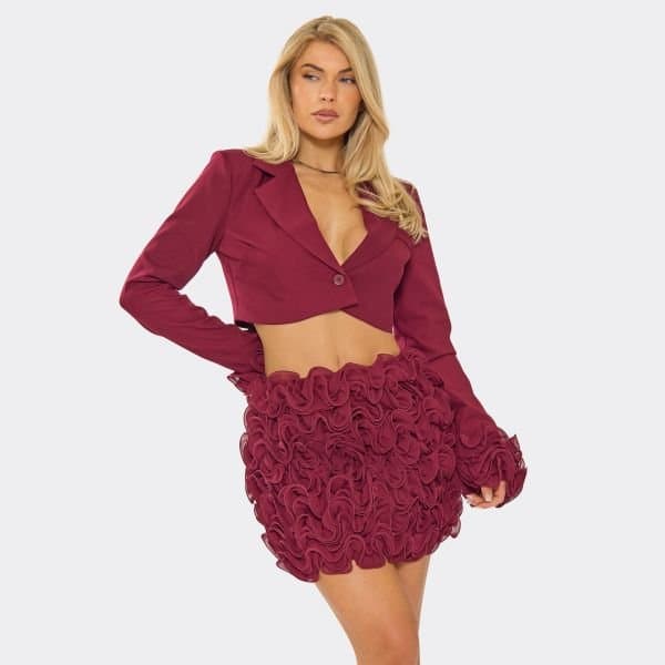 EGO Textured Sleeve Detail Cropped Blazer In Burgundy, Women's Size UK 6