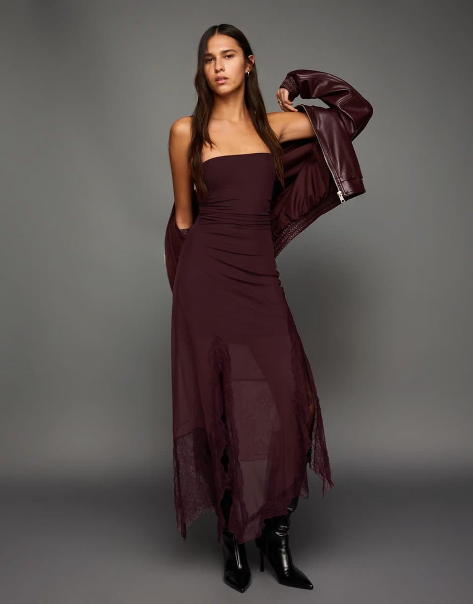 ASOS Bershka Asymmetric lace bandeau tulle midi dress in burgundy