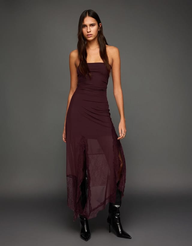 ASOS Bershka Asymmetric lace bandeau tulle midi dress in burgundy - 2