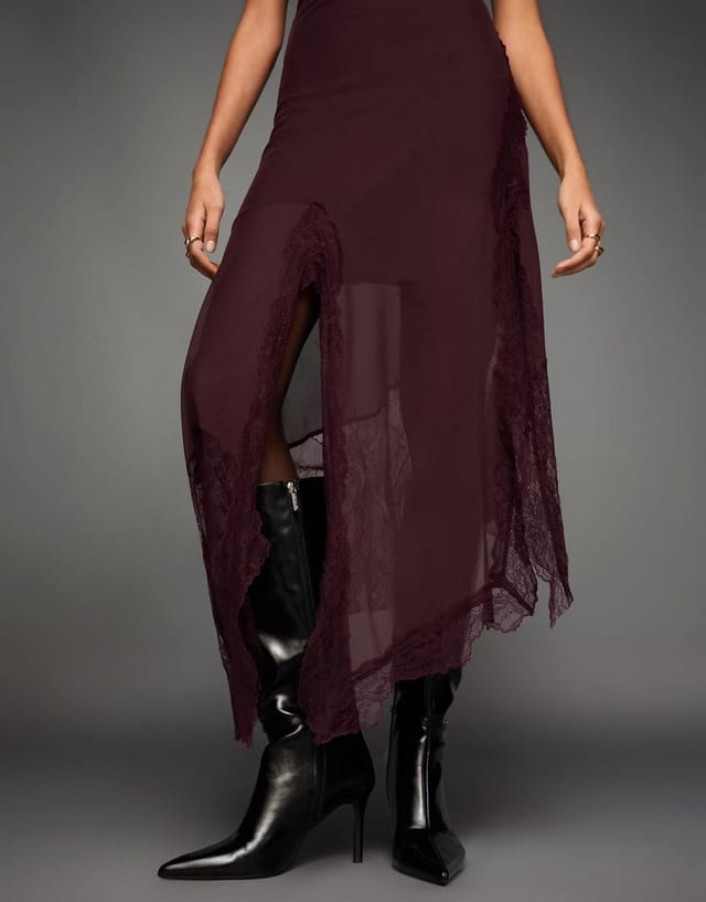 ASOS Bershka Asymmetric lace bandeau tulle midi dress in burgundy - 3