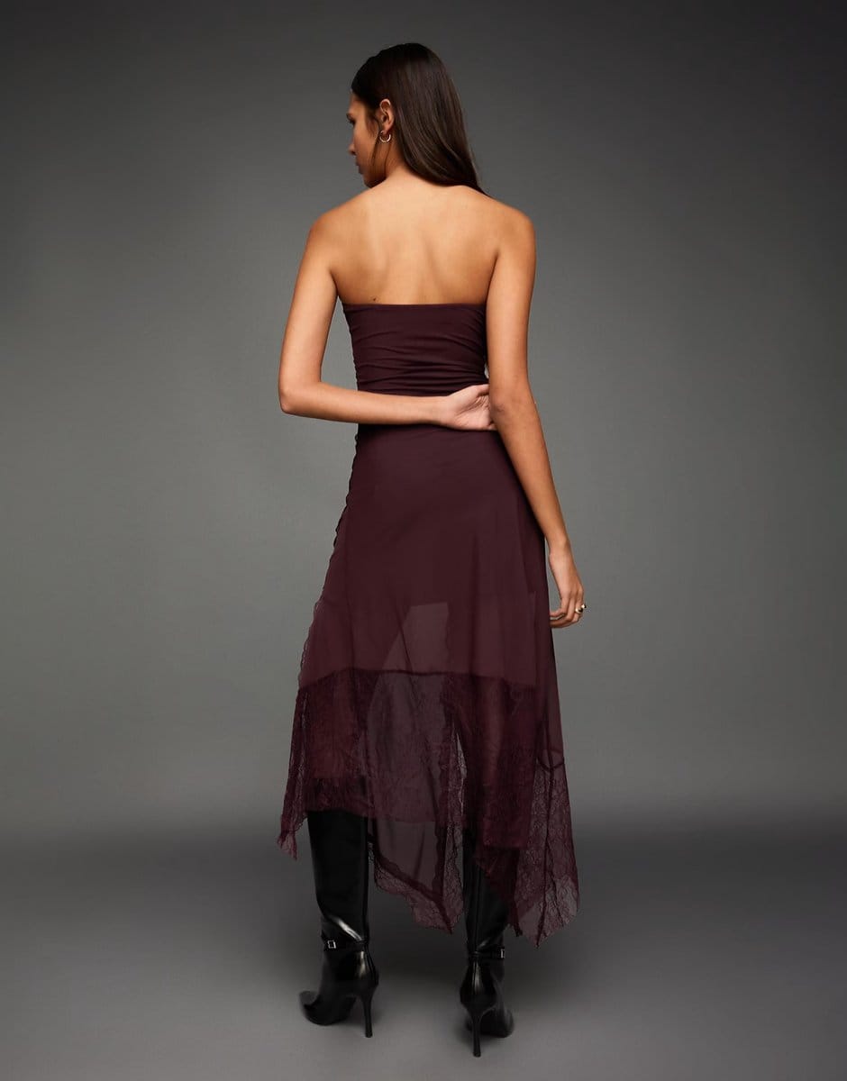 ASOS Bershka Asymmetric lace bandeau tulle midi dress in burgundy - 4