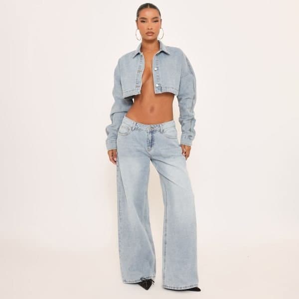 EGO Extreme Low Rise Wide Leg Jeans In Light Blue Denim, Women's Size UK 8