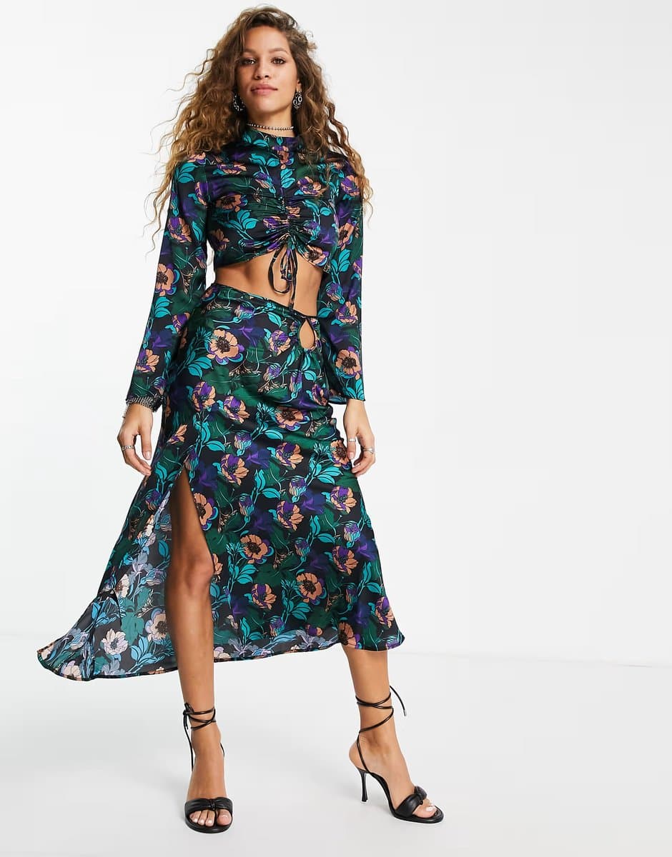ASOS Topshop co-ord 70's print satin skirt in multi - MULTI