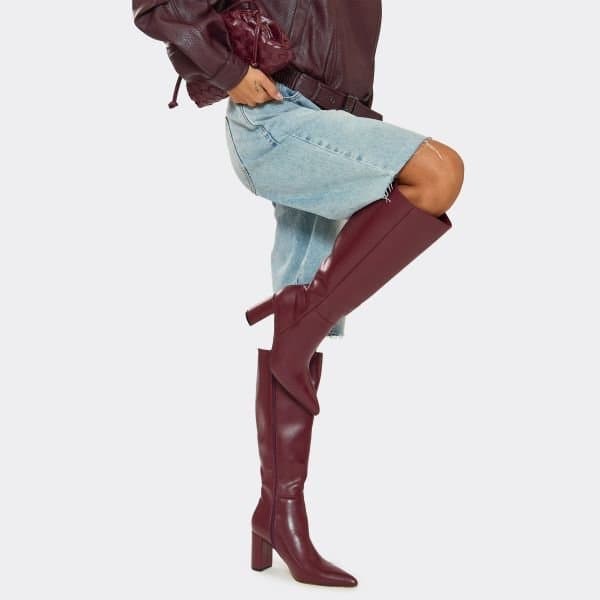 EGO Outstanding Pointed Toe Knee High Heeled Boot In Burgundy Faux Leather, Women's Size UK 3