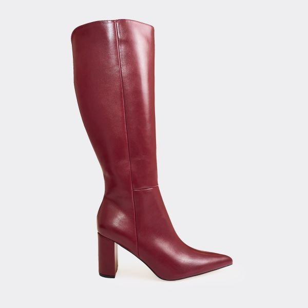 EGO Outstanding Pointed Toe Knee High Heeled Boot In Burgundy Faux Leather, Women's Size UK 3 - 2