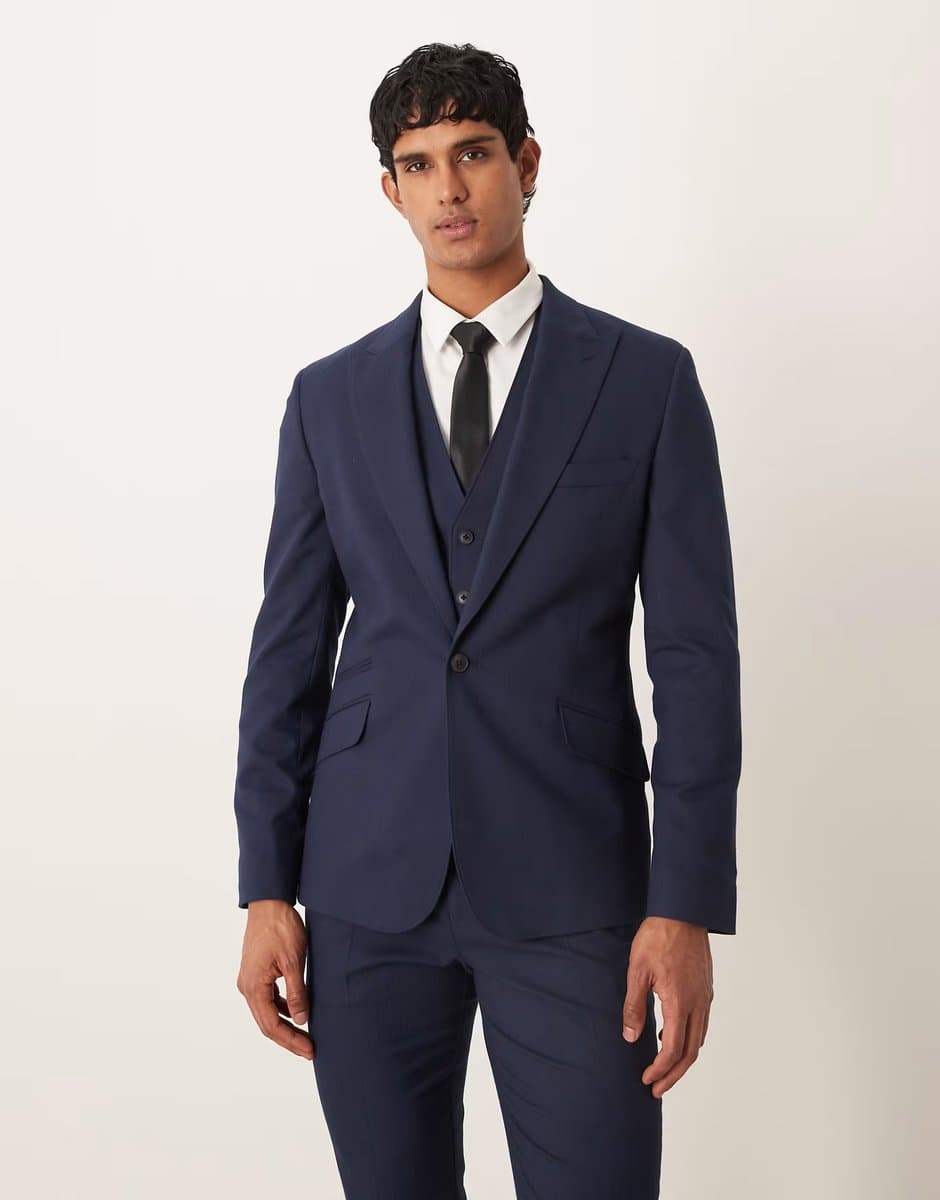 ASOS ASOS DESIGN skinny suit jacket in navy herringbone flannel