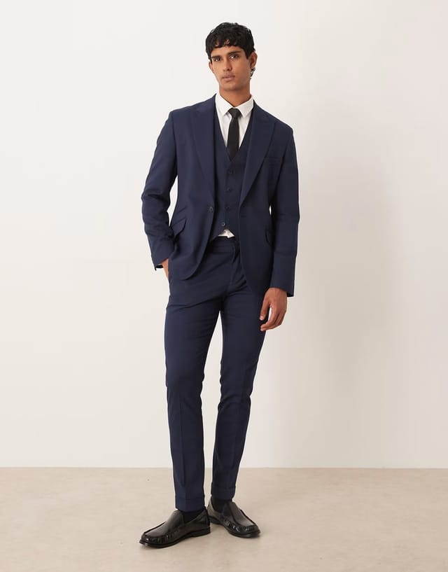 ASOS ASOS DESIGN skinny suit jacket in navy herringbone flannel - 2