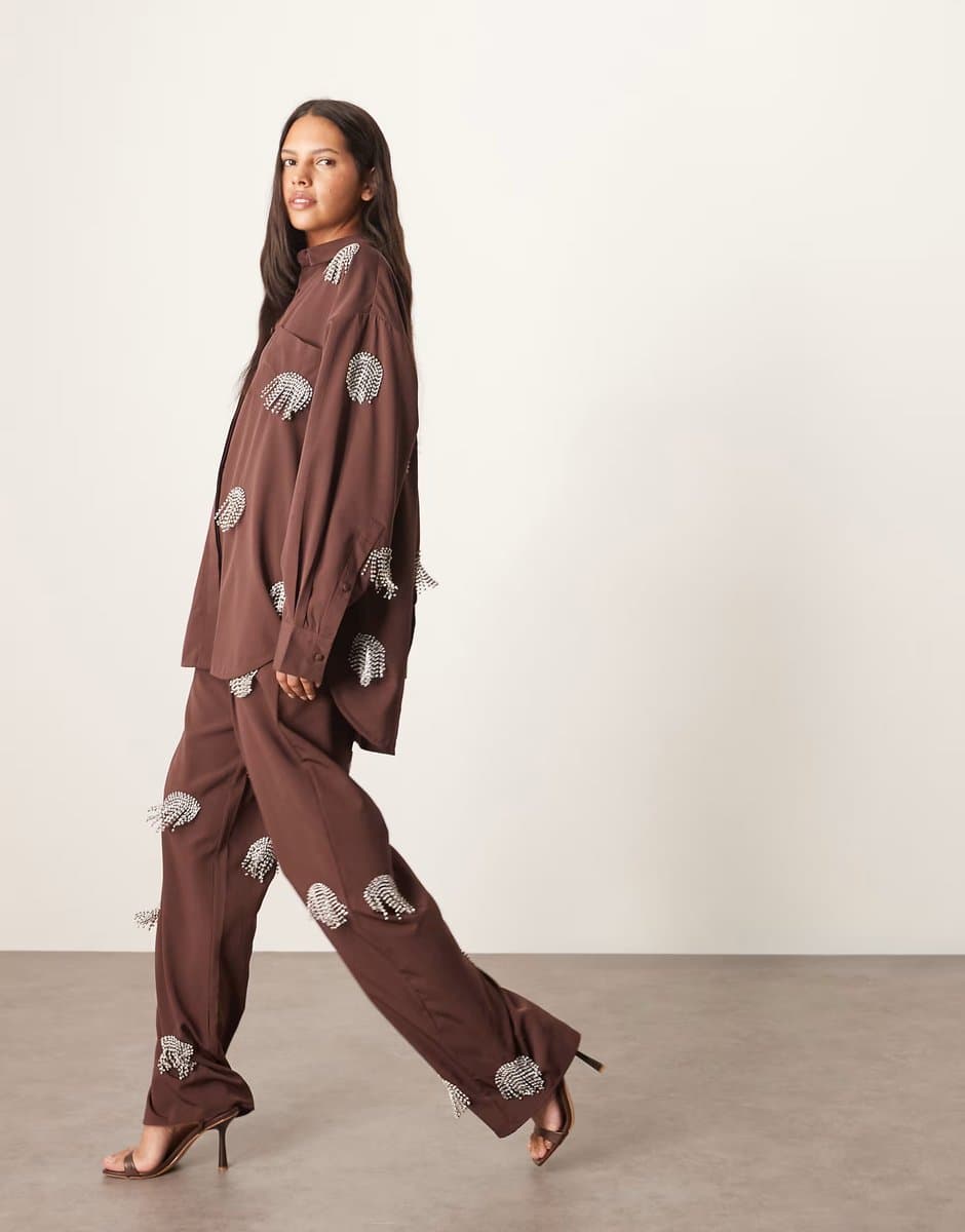 ASOS ARRANGE co-ord embellished diamante fringe spot oversized shirt and wide leg trouser in chocolate