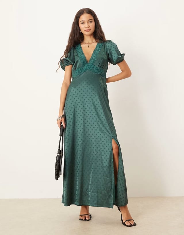 ASOS Lovedrobe Polka dot short sleeve v neck midaxi dress in emerald - 3