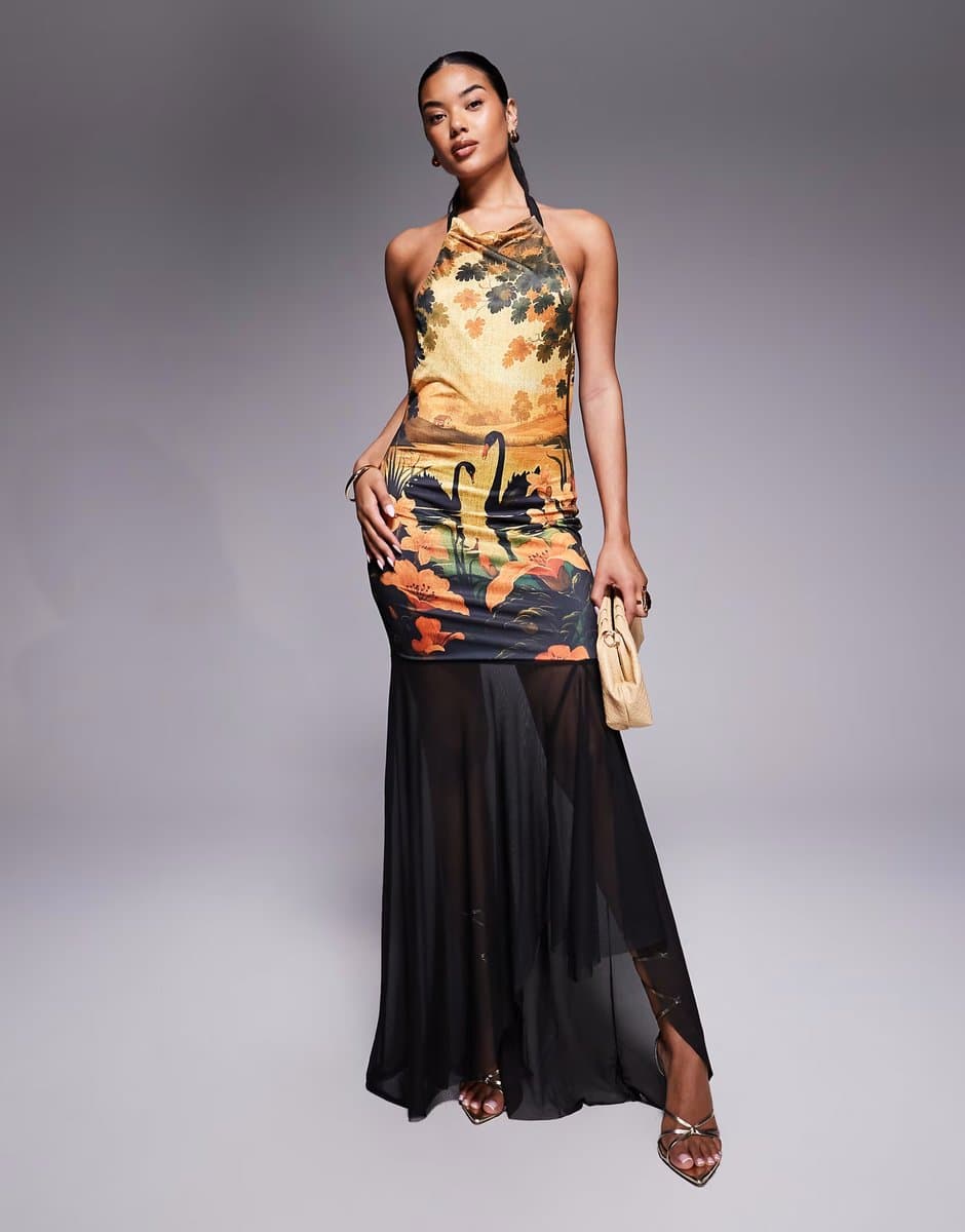 ASOS ASOS DESIGN printed mesh highneck halter maxi dress with sheer skirt in swan print
