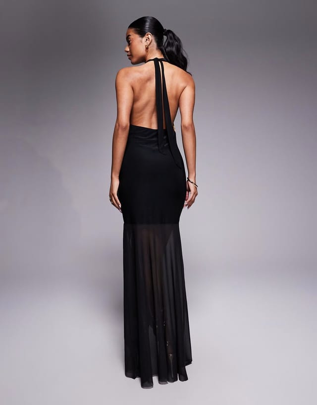 ASOS ASOS DESIGN printed mesh highneck halter maxi dress with sheer skirt in swan print - 3