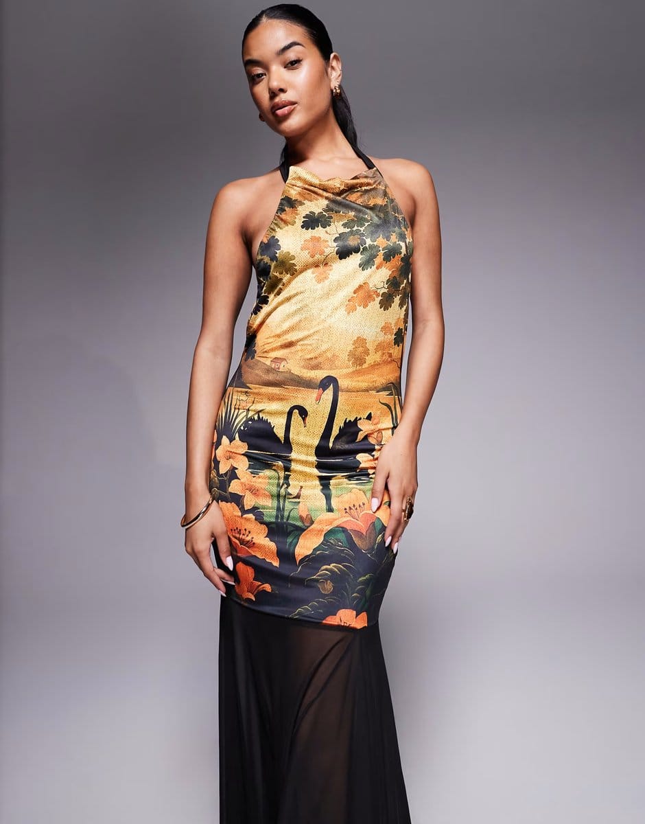 ASOS ASOS DESIGN printed mesh highneck halter maxi dress with sheer skirt in swan print - 4