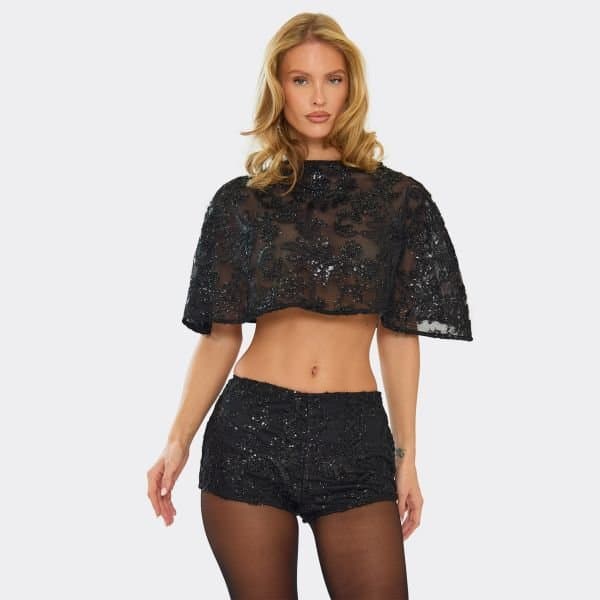 EGO Cape Top In Black Sequin, Women's Size UK 12