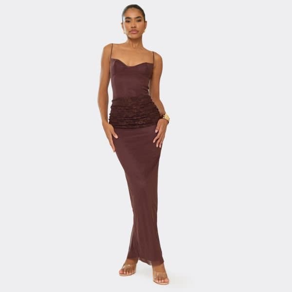EGO Strappy Cupped Contrast Lace Draped Panel Detail Maxi Dress In Chocolate Brown, Women's Size UK 6