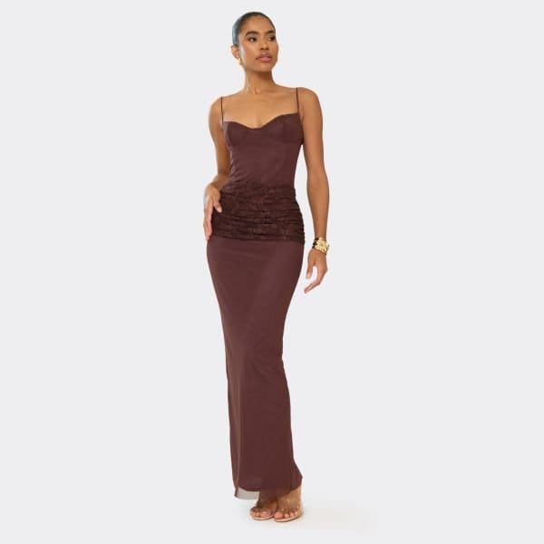 EGO Strappy Cupped Contrast Lace Draped Panel Detail Maxi Dress In Chocolate Brown, Women's Size UK 6 - 2