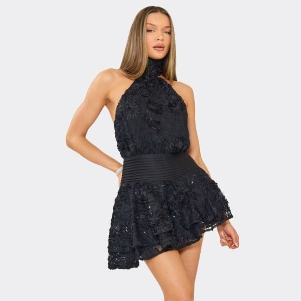 EGO High Neck Skater Dress In Black Floral Textured, Women's Size UK 6 - 1