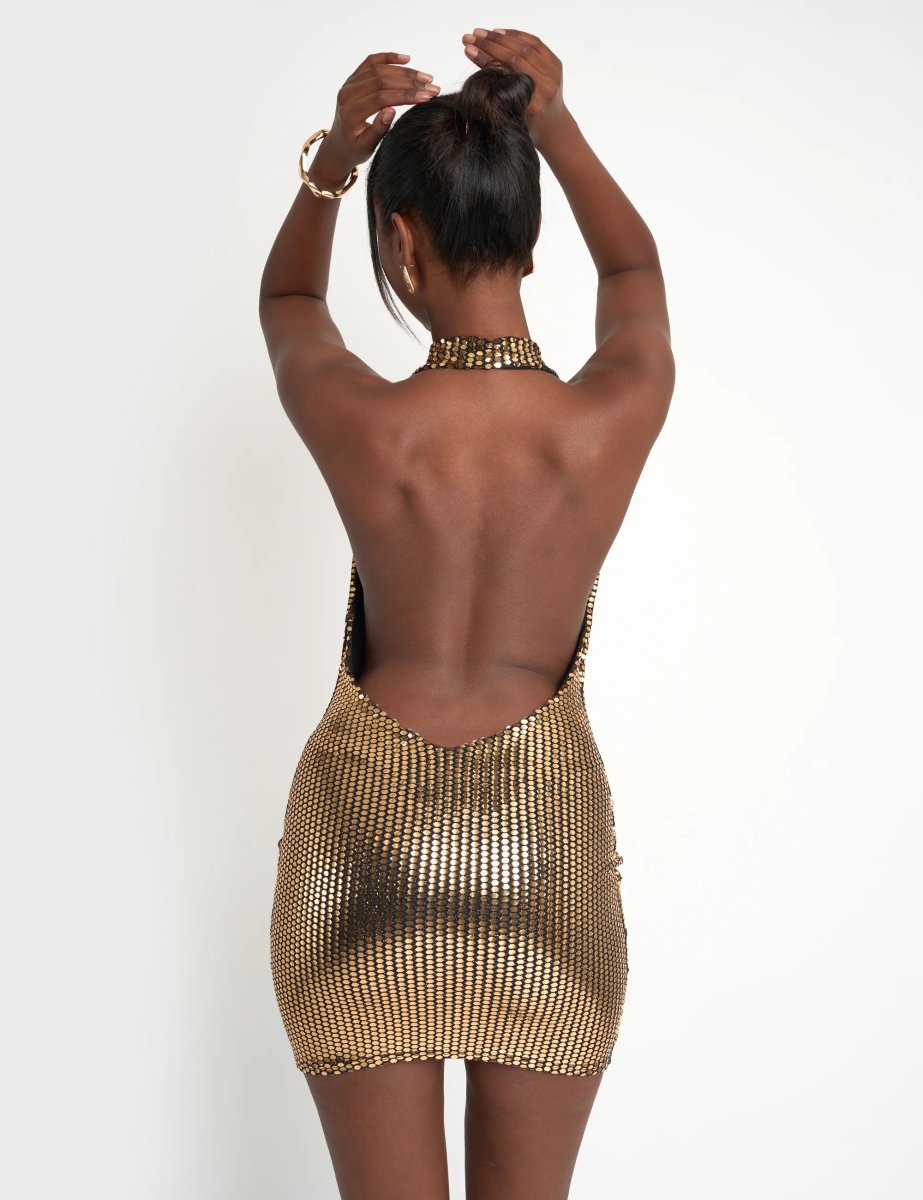 Public Desire Cowl Neck Sequin Mini Dress Gold - 3