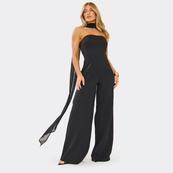 EGO Scarf Detail Bandeau Tailored Jumpsuit In Black, Women's Size UK 6